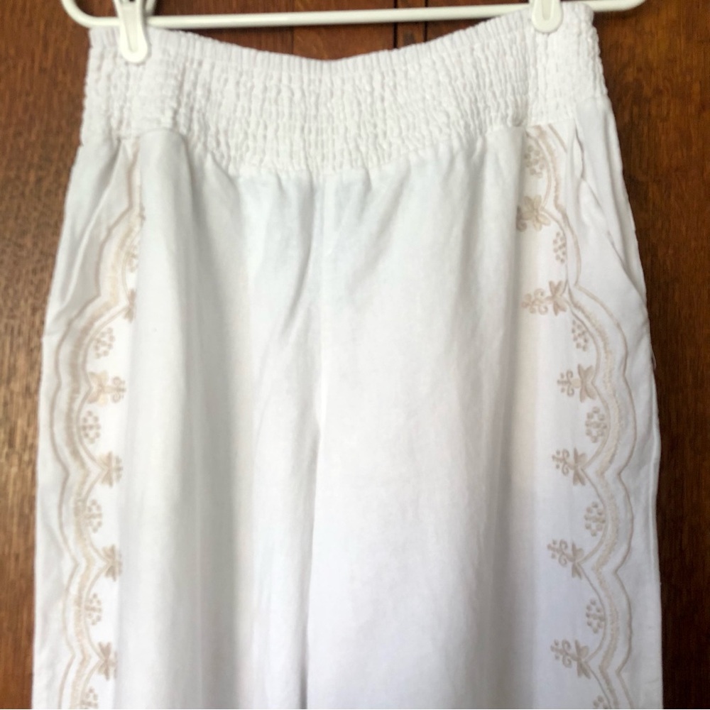 Tahari White Wide-Leg Embroidered Pants Pockets Boho XL Linen blend - Picture 6 of 14